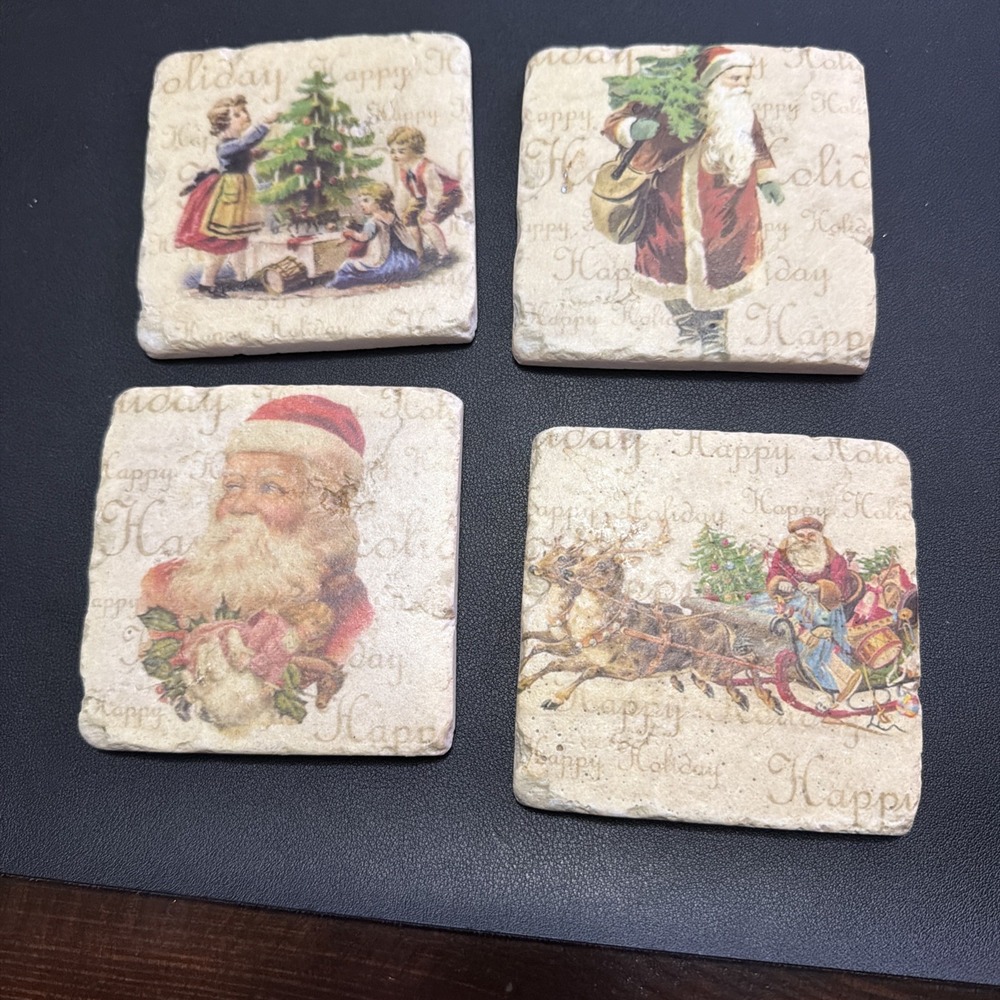 Set Of 4 Vintage Christmas Coasters Ceramic Tile!